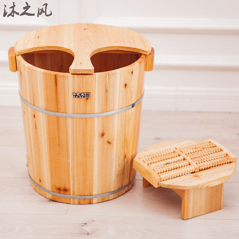 40CM高足浴桶泡脚木桶洗脚盆实木木质足疗桶家用足浴桶加盖加深