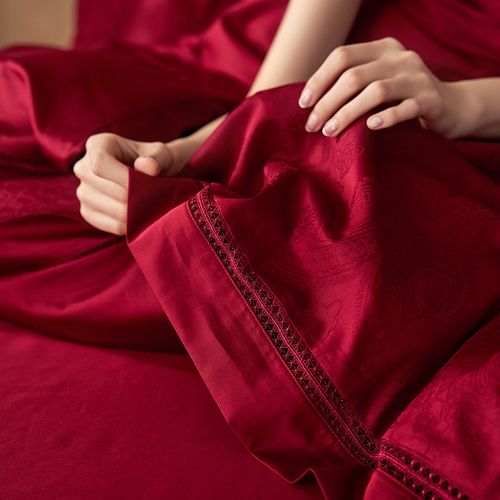 高奢风~100S婚庆大红色全棉长绒棉提花结婚四件套纯棉被套床单款