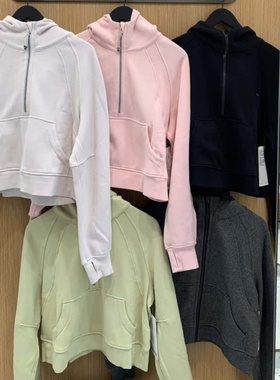 代购 lululemon Scuba系列女士宽松薄绒短款半拉链运动连帽衫卫衣