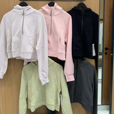 代购 lululemon Scuba系列女士宽松薄绒短款半拉链运动连帽衫卫衣