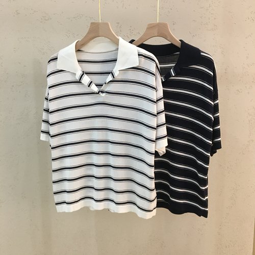 26BC女士春夏条纹翻领POLO短袖针织衫（桑蚕丝+棉+天丝）