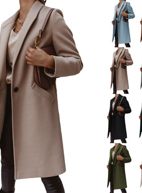 2024ebay亚马逊wish新款 秋冬纯色翻领中长款纽扣毛呢大衣外套女