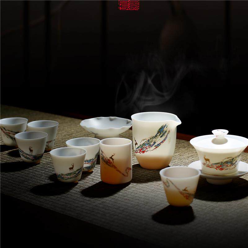 朋寄渡景山房羊脂玉瓷薄胎新中式茶具茶杯套装陶瓷办公室家用会客