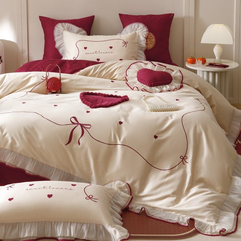 公主风结婚床上用品四件套红色婚庆全纯棉被套女方陪嫁花边床单款