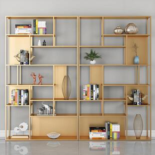 轻奢示现14598不锈钢落地书架展柜金代色置物架实古木简约装饰金