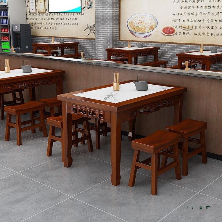 热卖实木岩板餐桌椅面餐馆小吃早店商用仿古大理石FS758056长桌凳