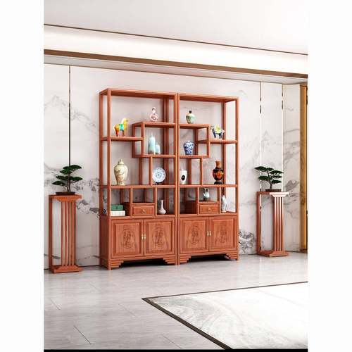 新雕款花新实物木博SGO古架中式多宝阁隔断柜花架一体仿古实木置