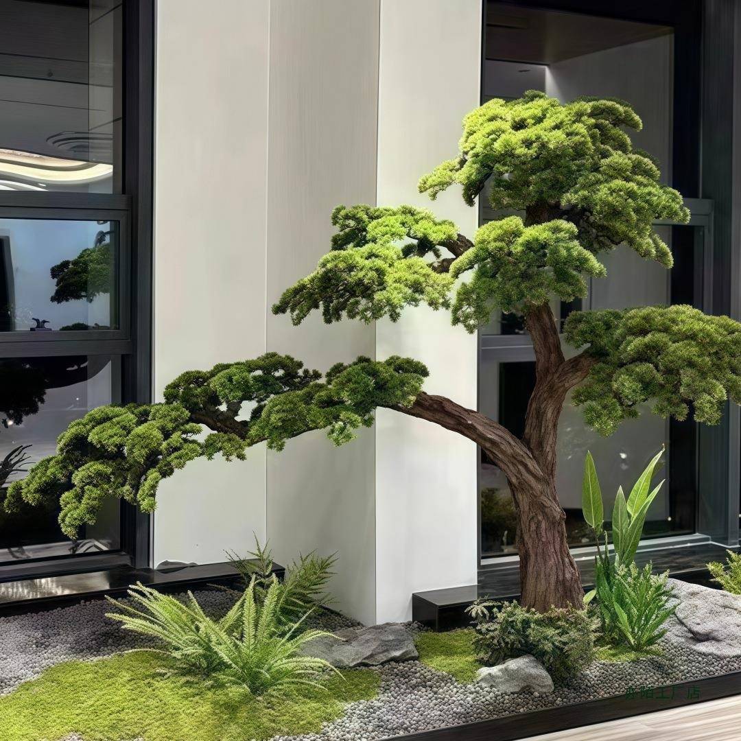 迎客松造式景罗汉松酒店橱窗装饰假RTD装松新中室内树造景饰绿植