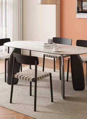 式奶油风餐桌白色圆形椭洞石岩饭桌现代65764简约板家用小户型圆