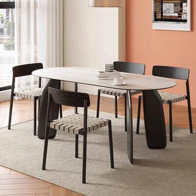 式奶油风餐桌白色圆形椭洞石岩饭桌现代65764简约板家用小户型圆