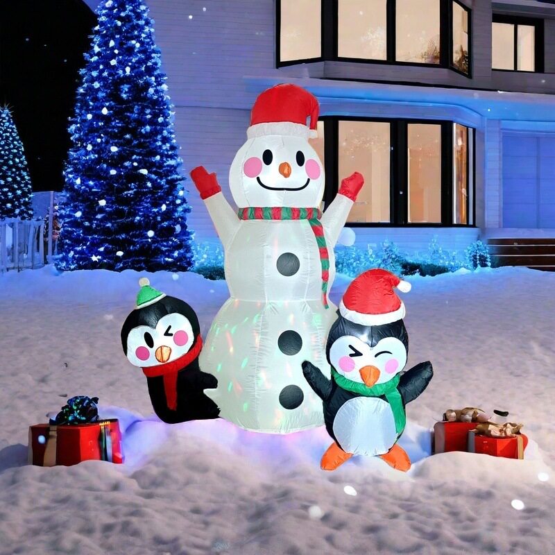 户外充气雪人企鹅旋转彩灯装饰