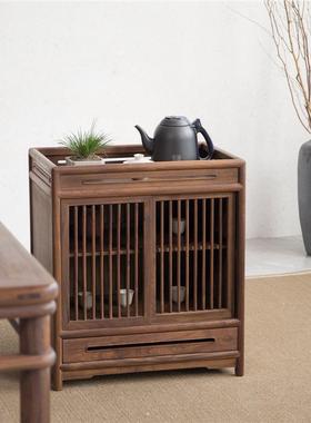 全木实木茶水柜茶边柜新中式老榆式茶水胡柜黑桃木中茶LER水台烧