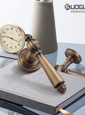 固内法式把手门锁分体古铜色卧51926室磁吸静音室木通用房索间门