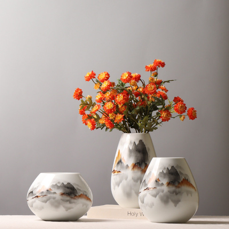 新中式贴花山水陶瓷花瓶 样板房客厅插花装饰品茶几餐桌水培摆件