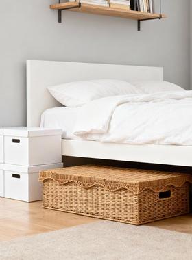 手工子藤潮编床底收纳扁平箱用带盖防尘防家衣服被子大编织托盘容