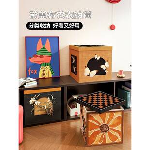 ?中古Fh(x}x}d风卡莱箱克收纳筐印带盖用可折叠玩具收纳家衣满服