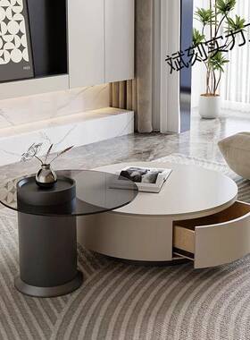 岩板圆形茶小几桌客家RUV厅用轻奢现代简约型户白色奶油高