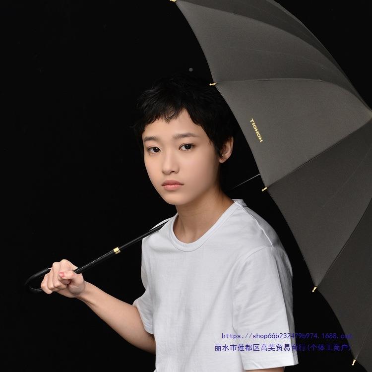 长柄雨伞女晴雨用日系16人骨直两柄抗风双大号JDK直杆动自伞黑