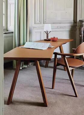 Degas加/马鞍皮复古书桌实木老桌板桌德弧办形公子意式极简设XLW
