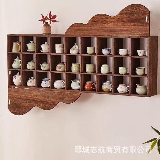 实木博古架中式多宝阁-壁挂示式董置物架榆老木紫砂壶瓷器展古架