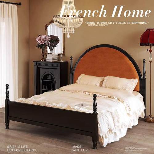 1.8米式风储物卧双主人床软包黑色简约中古风实木床法美式复HCJ古