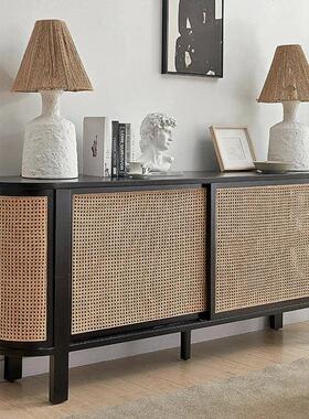 关餐边实木黑色备柜餐中古民宿法式家用藤编原木茶OFR斗水复古柜