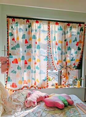 ?儿童房纱帘透光不透人装饰帘球免打孔花边大毛隔帘AYH断拉帘窗半