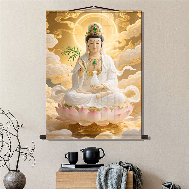 观音菩萨画 画像客厅书房玄关保平安挂画 画走廊沙发背景墙丝绸卷,家居饰品,国画,淘宝优惠券,粉丝福利购,淘宝优惠卷
