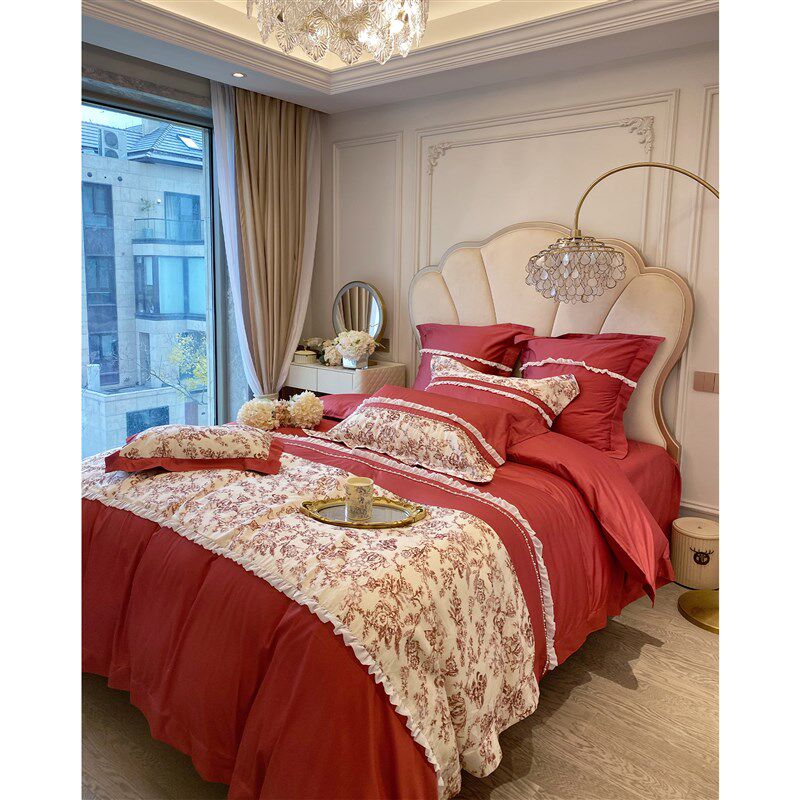 法式全棉印花新婚庆四件套全棉100支长绒棉红色结婚被套床单床笠