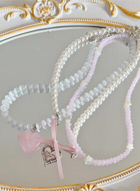 甜美五角星贝壳项链女小众水晶猫眼珍珠蝴蝶结串珠复古甜锁骨颈链