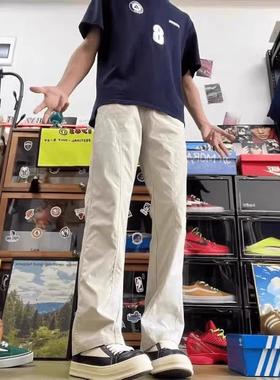 美式cleanfit卡其色斜切休闲裤男春季伐木直筒工装裤宽松百搭裤子