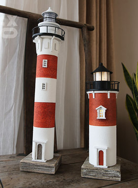 YBOX创意美式复古发光灯塔立体灯塔摆件水泥质感建筑木制海洋儿童