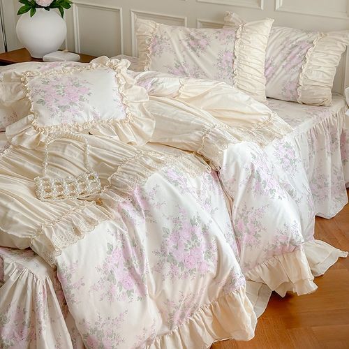 法式田园风花卉全棉床上四件套公主风100纯棉花边被套少女心床裙4