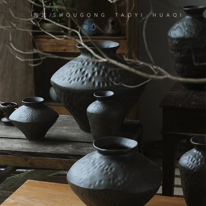 黑色粗陶罐子新中式复古禅意陶瓷花瓶摆件侘寂风民宿茶室酒店摆件,家居饰品,花瓶,淘宝优惠券,粉丝福利购,淘宝优惠卷