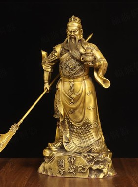 纯黄铜关公关帝神威横提刀铜像摆件立刀武财神关羽托聚宝盆神像铜