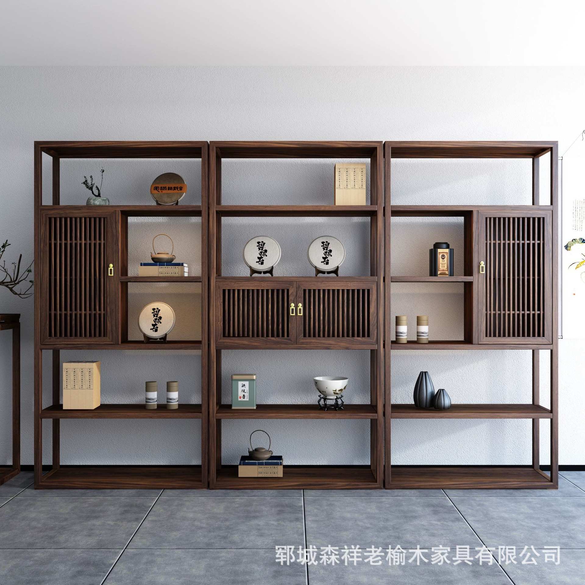 老榆木博古架落地式茶叶架靠墙展示柜中式茶具收纳架多宝阁隔断架