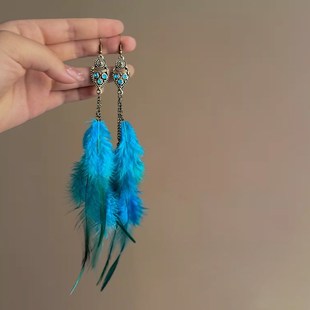 孔雀翎蓝~ 镶钻羽毛耳坠小众个性波西米亚女蓝色长款云南旅拍耳饰