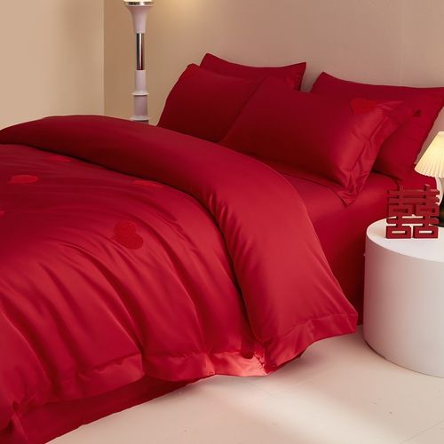 婚庆100S长绒棉纯棉床上四件套结婚新中式婚床婚嫁全棉大红色床品