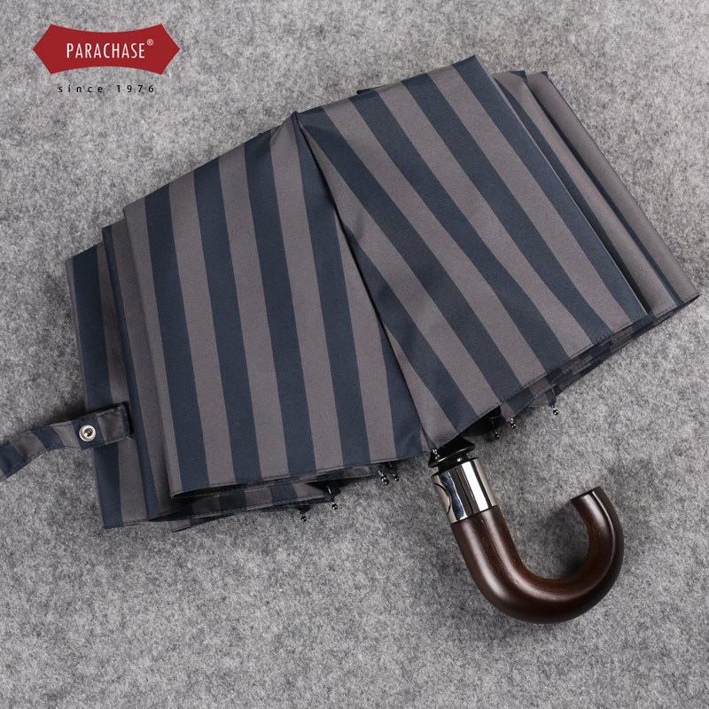 英伦木柄弯钩10骨条纹铝合金防泼水商务男防风三折叠女全自动雨伞