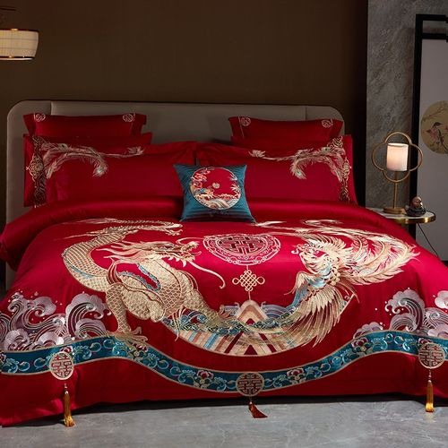 120支新疆长绒棉龙凤刺绣被套大红结婚四件套纯棉床单高端全棉4