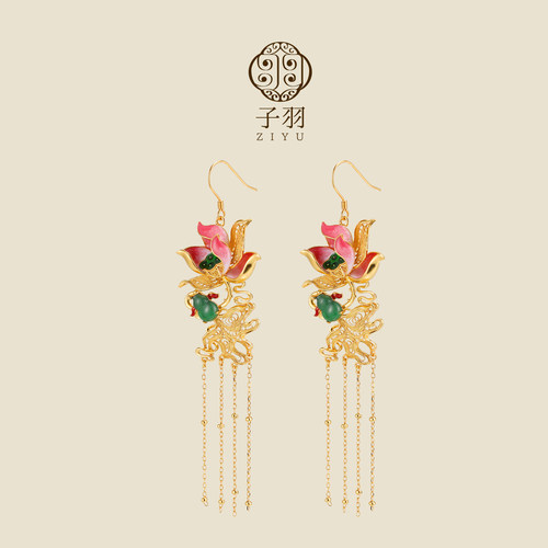 非遗花丝珐琅翡翠葫芦流苏耳钩