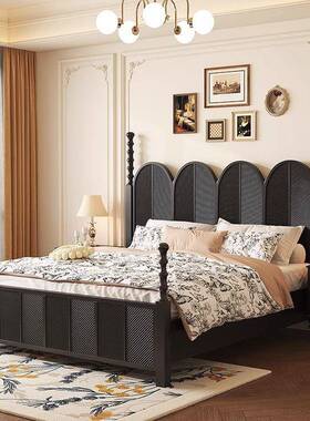 黑色轻奢美双式1105#人床1.8米储物高箱1.5m雕法花中古风木式复古