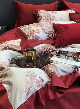 100支全棉长绒PZ2526数码印花棉庆四件套结婚红色婚被套大纯棉床