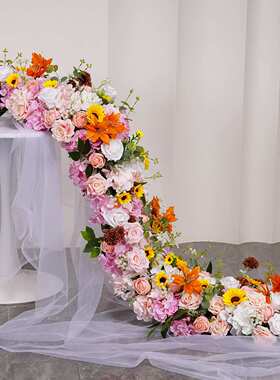 跨境紫色长条桌花花艺酒店婚礼宴会节日橱窗装饰假花地排花仿真