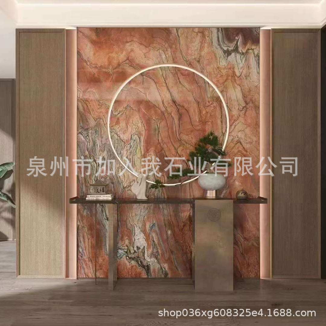 贵妃红奢石背景墙天然大理石拼花电视柜墙面别墅石材装修