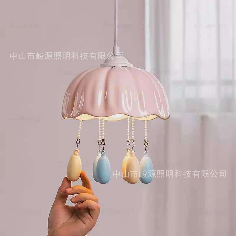 法式绿色吊灯中古风复古入户玄关小吊灯粉色少女心手工陶瓷吊灯
