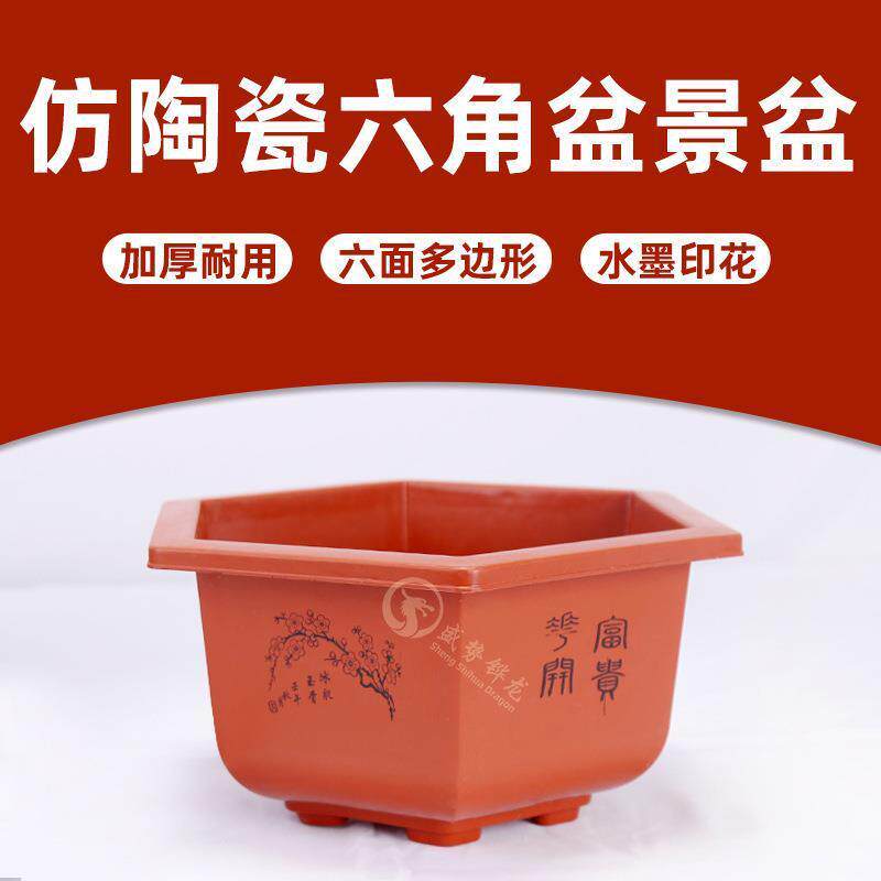 六角盆景盆印花防陶瓷加厚大号种花种菜花盘塑料花盆