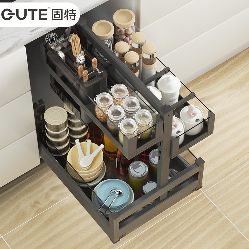 固特厨房拉篮置物刀架橱柜抽屉式太空铝合金碗筷调味组合收纳碗柜