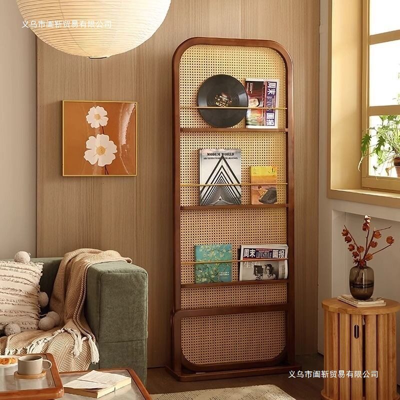 实木屏风中式藤编屏风隔断入户遮挡玄关移动复古法式杂志书置物架