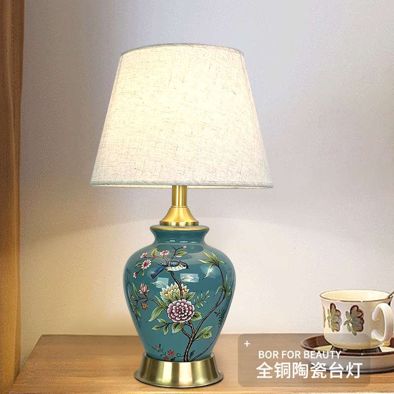 美式乡村陶瓷台灯欧式花鸟客厅卧室书房酒店别墅美式复古全铜小号